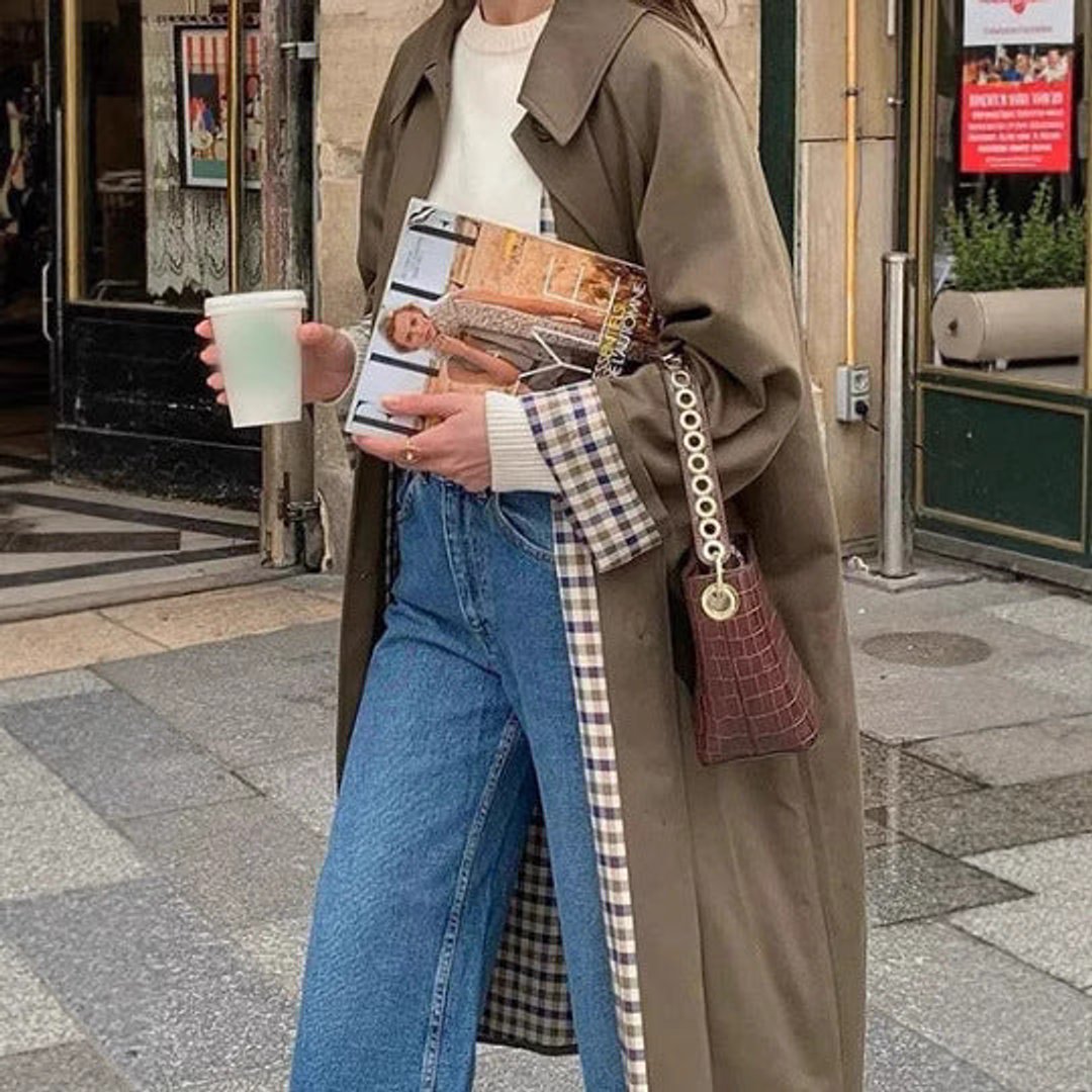 Women's oversized long trench coat with plaid lining by Christine Brewer, featuring a classic, stylish design and tailored fit.