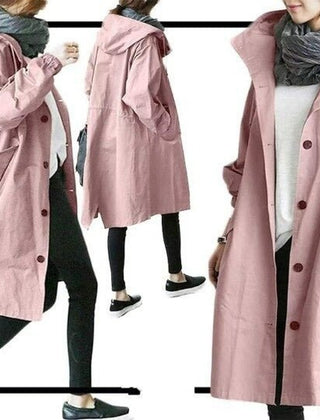 Women’s oversized water-resistant trench coat with button-front closure, in beige, by Christine Brewer.