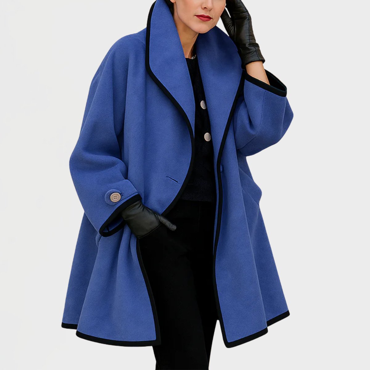 Women's oversized wool-blend coat with contrast trim, featuring a swing silhouette and stylish design by Christine Brewer.