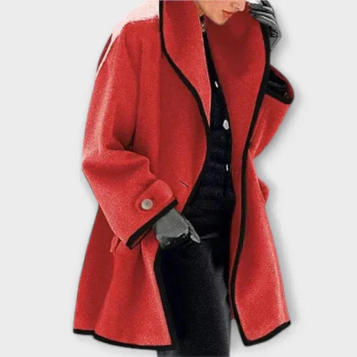 Women's oversized wool-blend swing coat by Christine Brewer in black with contrast trim, showing front view and stylish design.