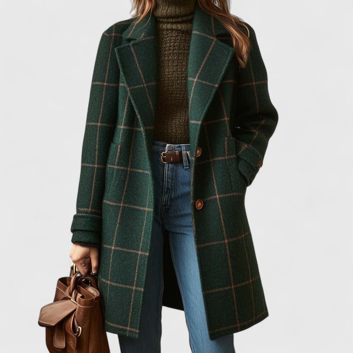 Women's plaid wool-blend longline coat with notch lapel, stylishly displayed on a hanger, showcasing its classic pattern and tailored fit.