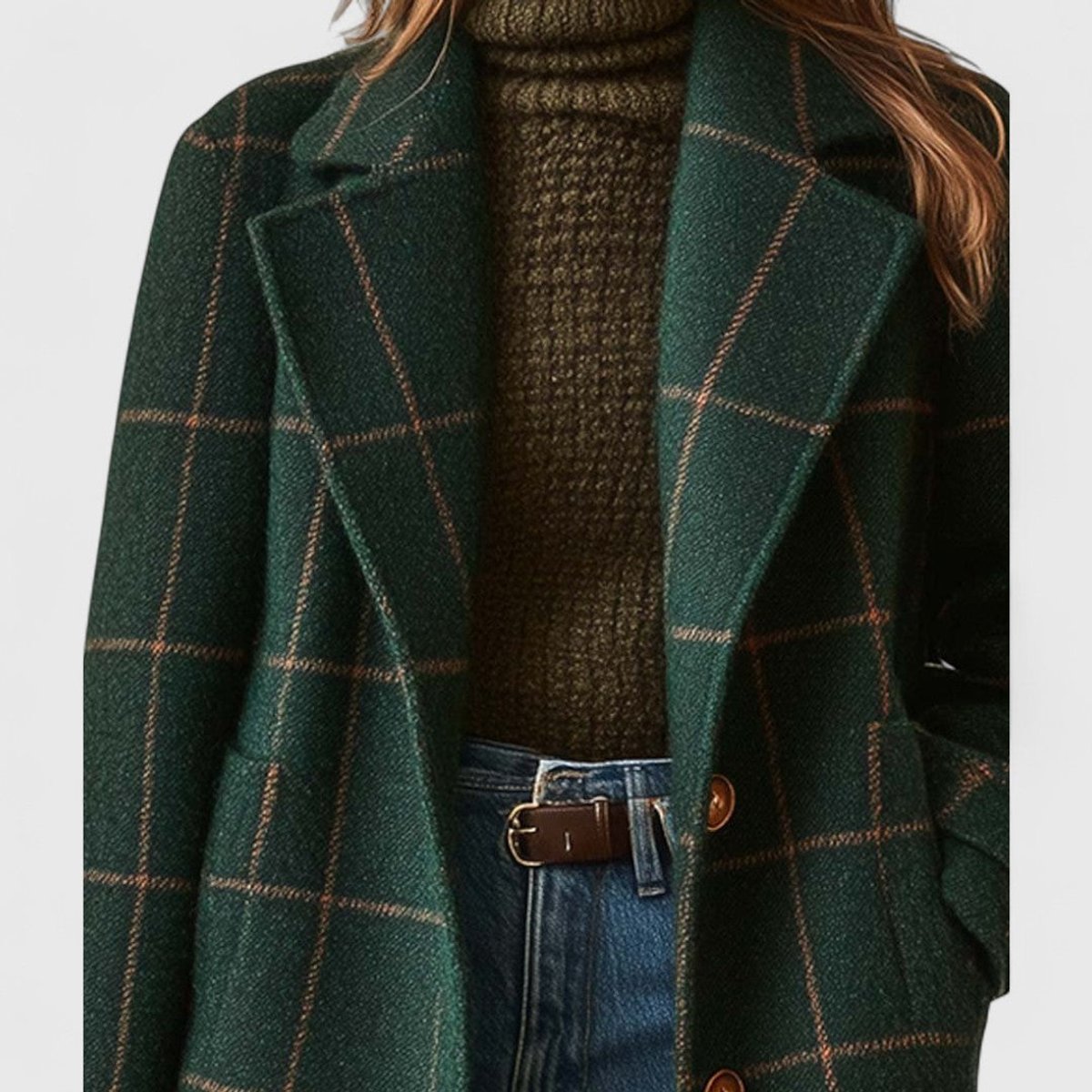 Women's plaid wool-blend longline coat with notch lapel, stylish and warm, designed by Christine Brewer.