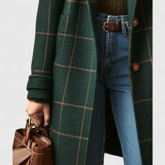 Women's plaid wool-blend longline coat with notch lapel by Christine Brewer, showing the tailored fit and classic plaid pattern.