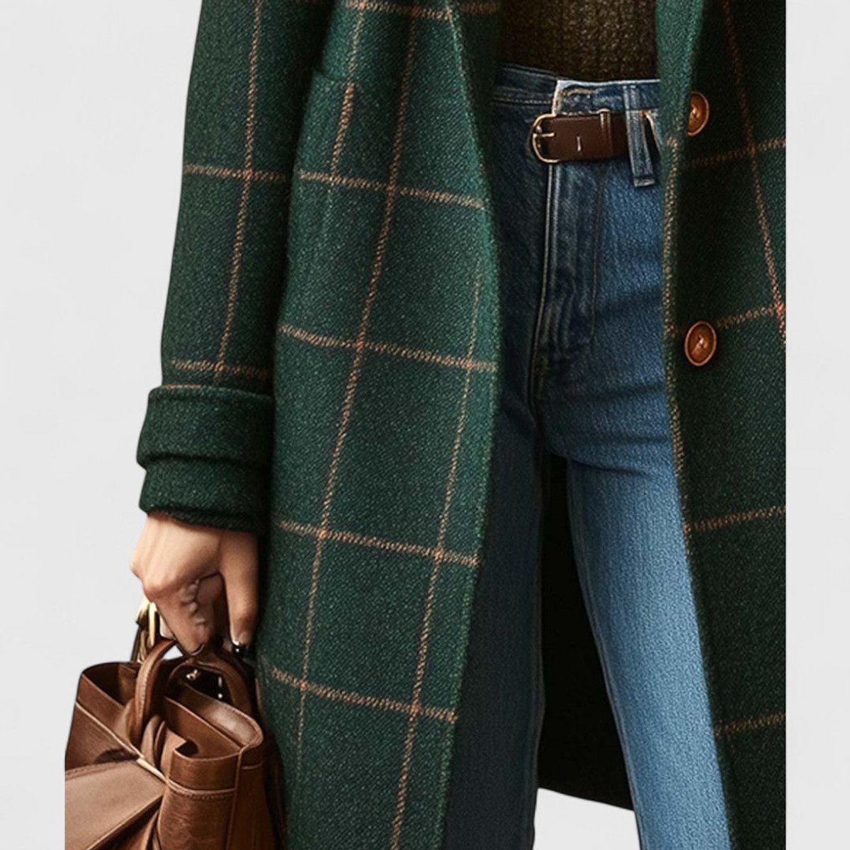Women's plaid wool-blend longline coat with notch lapel by Christine Brewer, showing the tailored fit and classic plaid pattern.