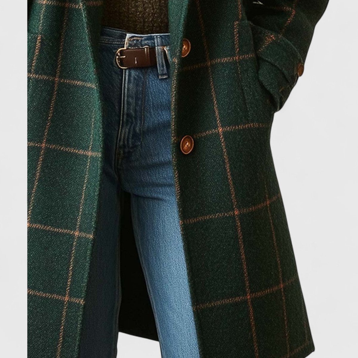 Women's plaid wool-blend longline coat with notch lapel from Christine Brewer, featuring a stylish plaid pattern and tailored fit.