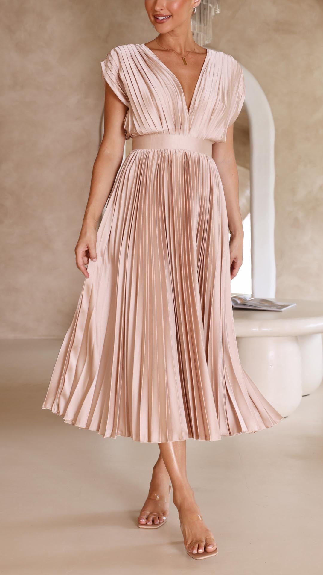 Katarina | Wedding Guest Dress Midi Dress Women Pleated V-Neck Formal Cocktail Fall Winter Evening