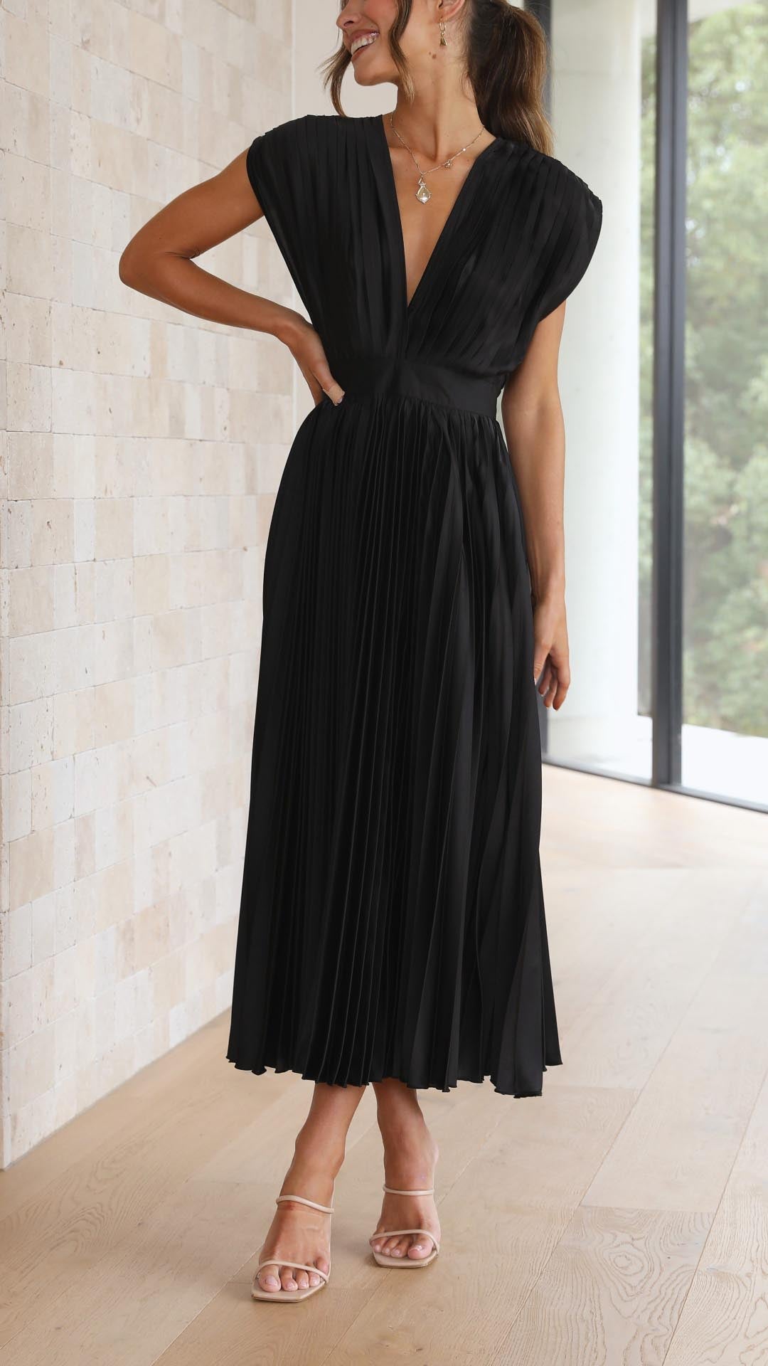 Katarina | Wedding Guest Dress Midi Dress Women Pleated V-Neck Formal Cocktail Fall Winter Evening