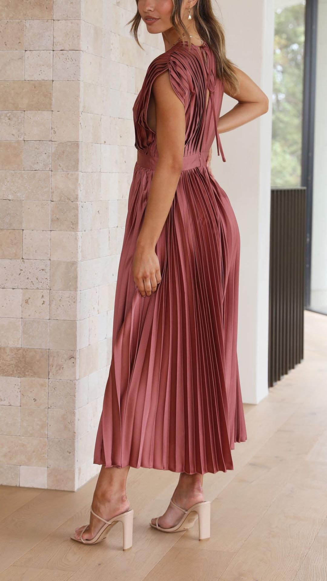 Katarina | Wedding Guest Dress Midi Dress Women Pleated V-Neck Formal Cocktail Fall Winter Evening
