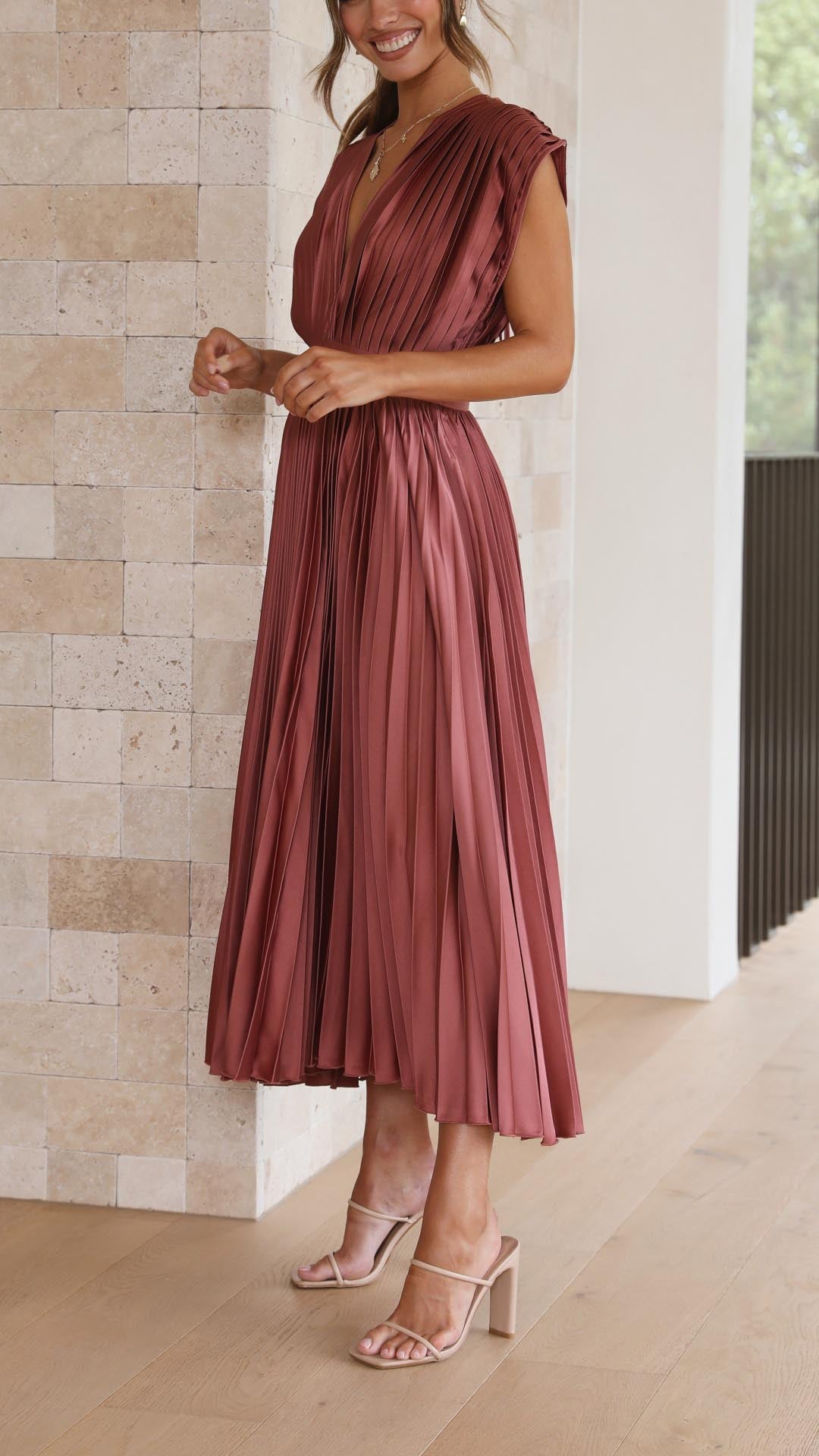 Katarina | Wedding Guest Dress Midi Dress Women Pleated V-Neck Formal Cocktail Fall Winter Evening