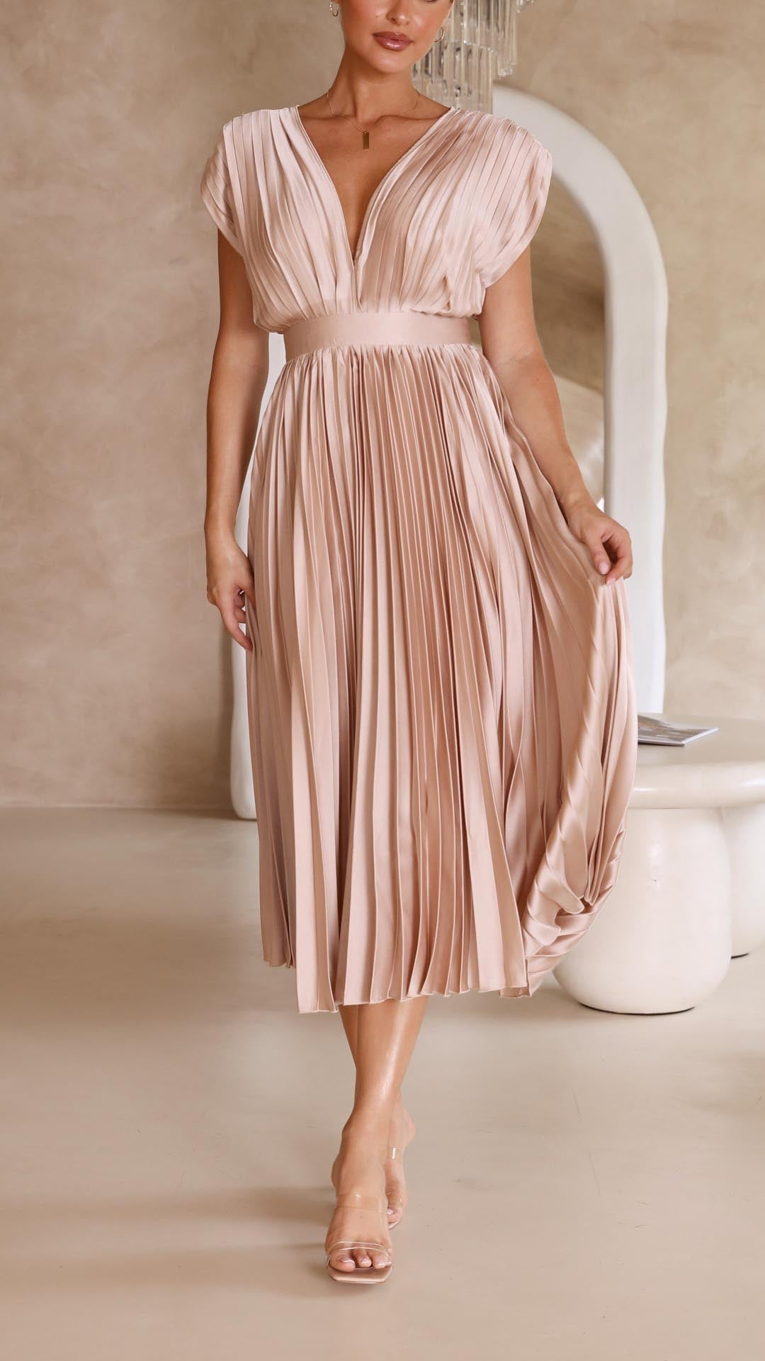 Katarina | Wedding Guest Dress Midi Dress Women Pleated V-Neck Formal Cocktail Fall Winter Evening