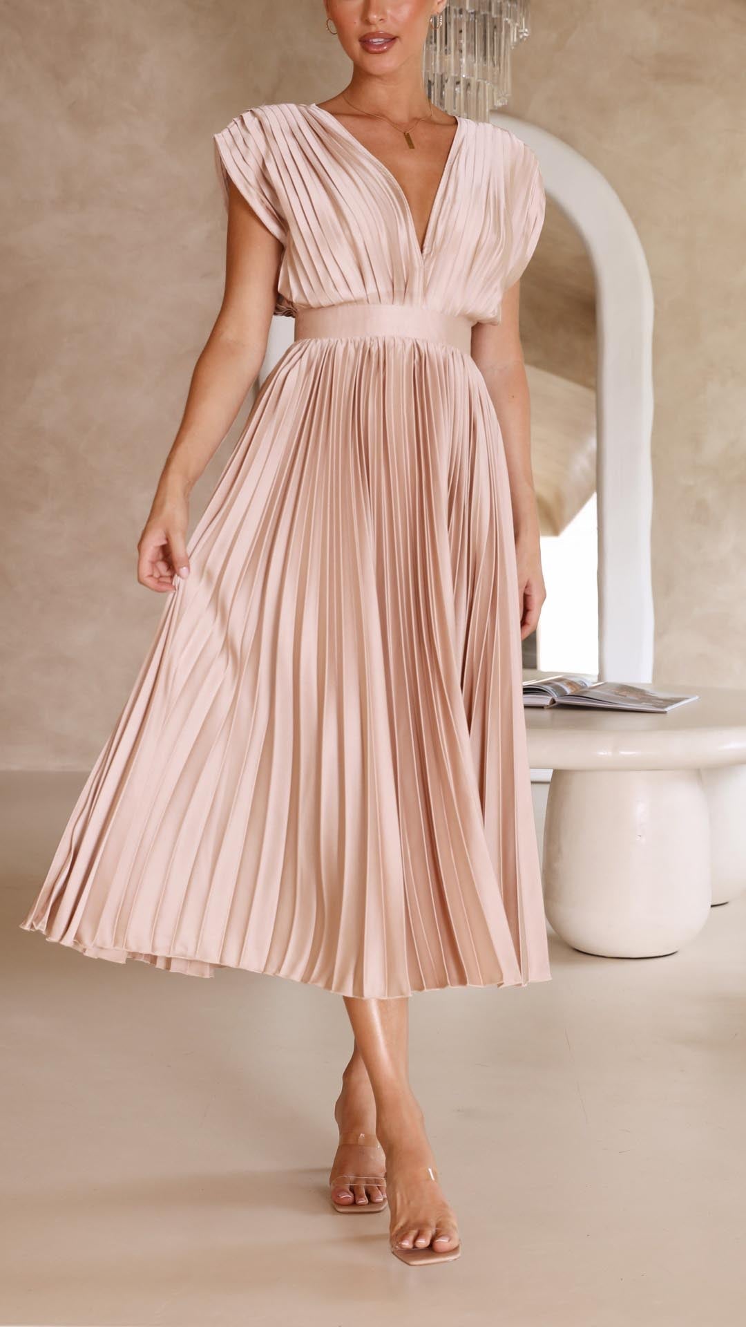 Katarina | Wedding Guest Dress Midi Dress Women Pleated V-Neck Formal Cocktail Fall Winter Evening