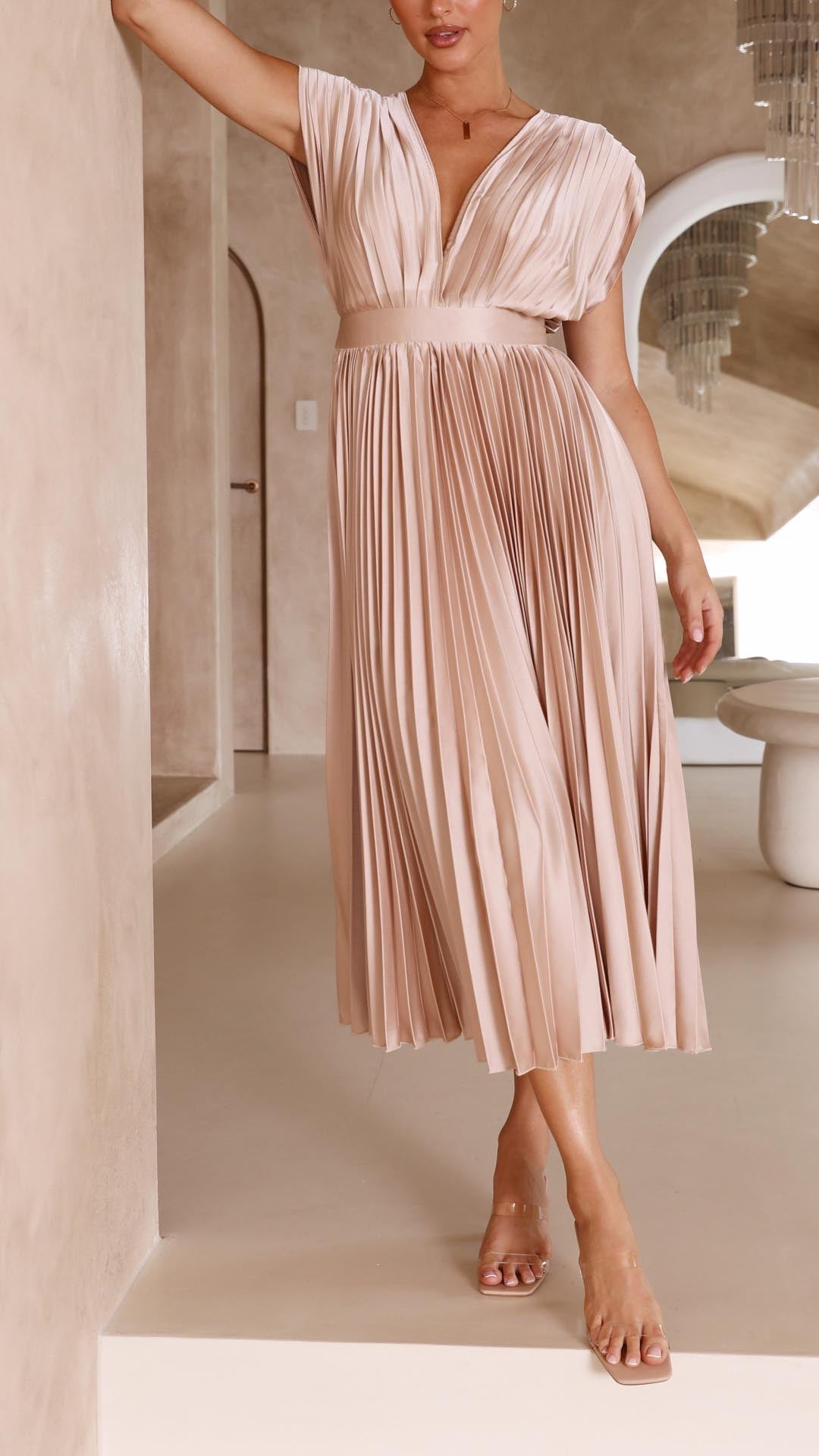 Katarina | Wedding Guest Dress Midi Dress Women Pleated V-Neck Formal Cocktail Fall Winter Evening
