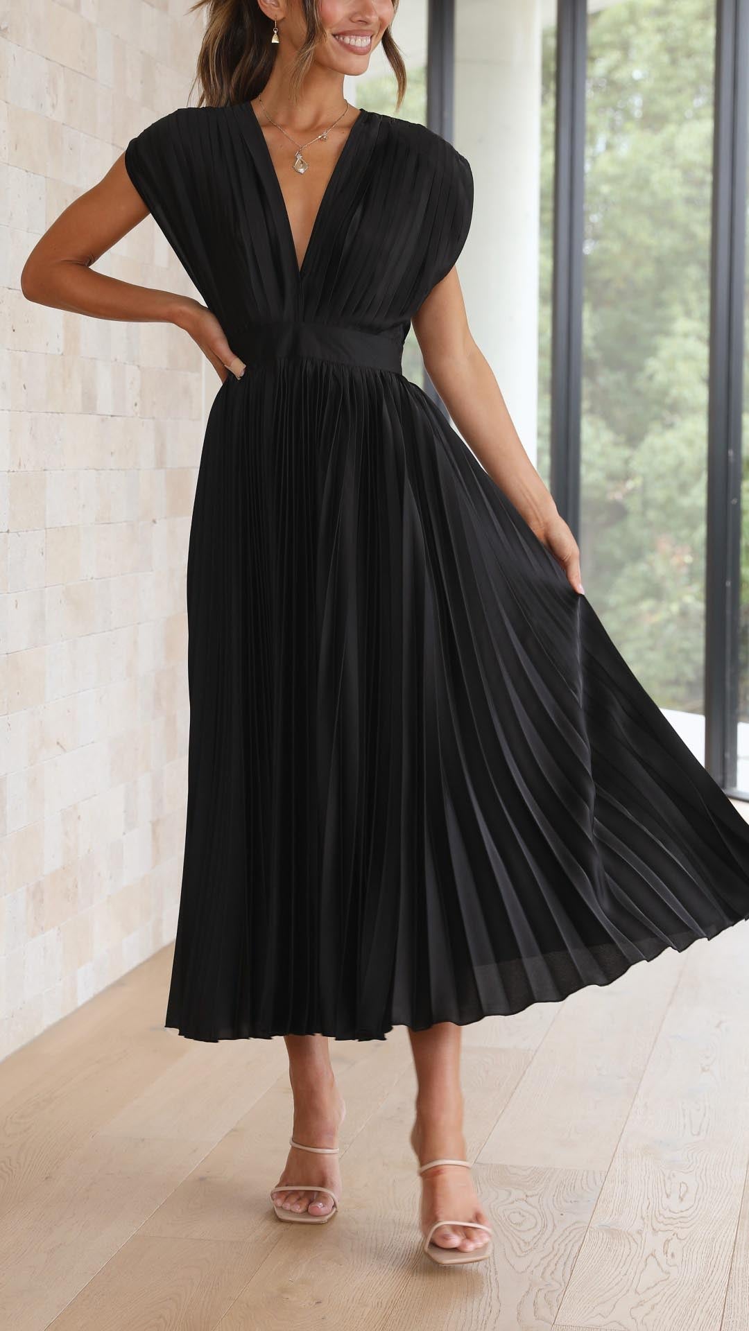 Katarina | Wedding Guest Dress Midi Dress Women Pleated V-Neck Formal Cocktail Fall Winter Evening