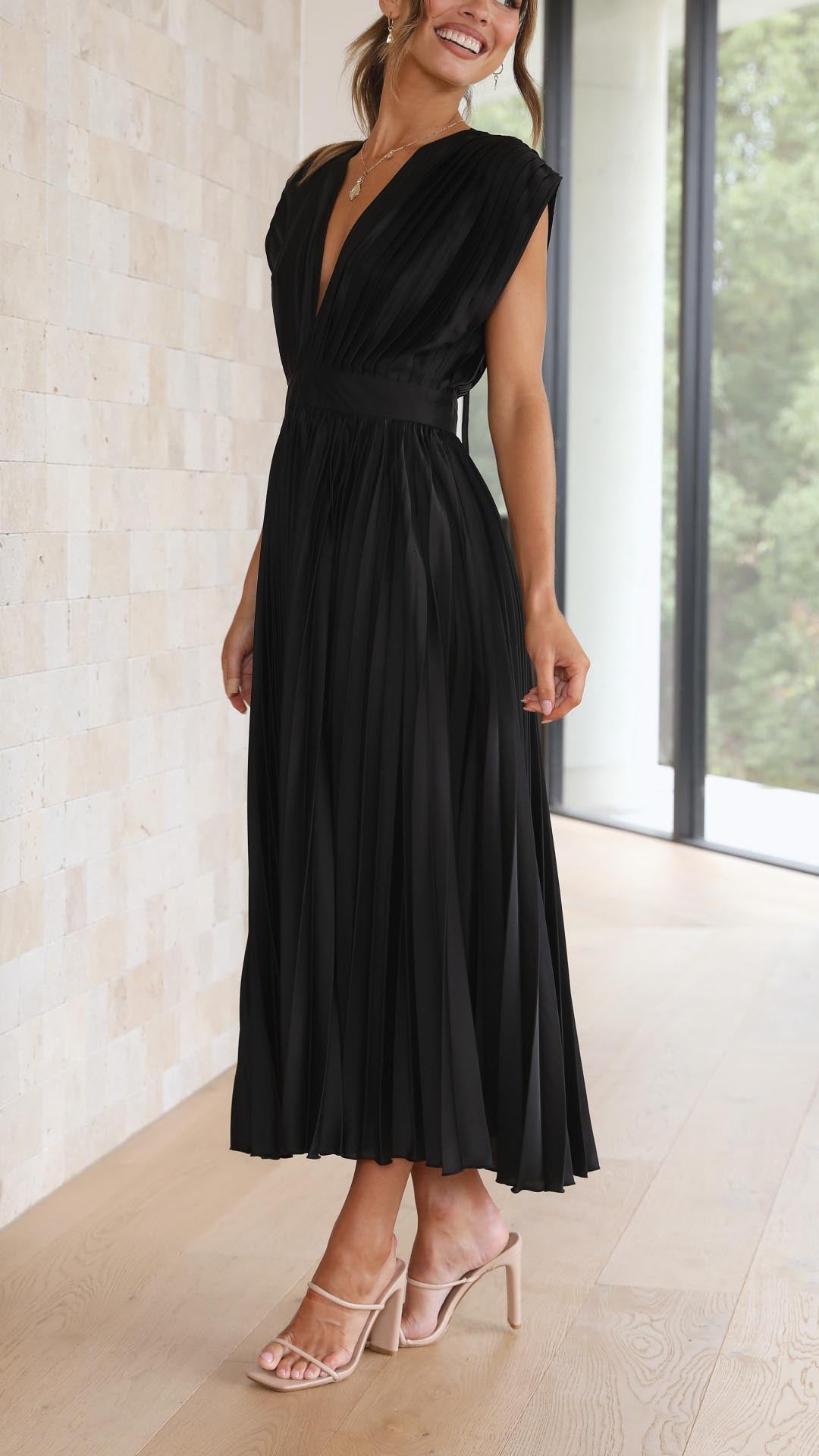Katarina | Wedding Guest Dress Midi Dress Women Pleated V-Neck Formal Cocktail Fall Winter Evening