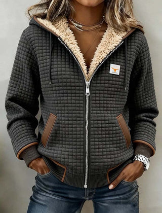 Women's quilted fleece-lined hooded full-zip jacket by Christine Brewer, featuring a cozy fleece lining and stylish outerwear design.