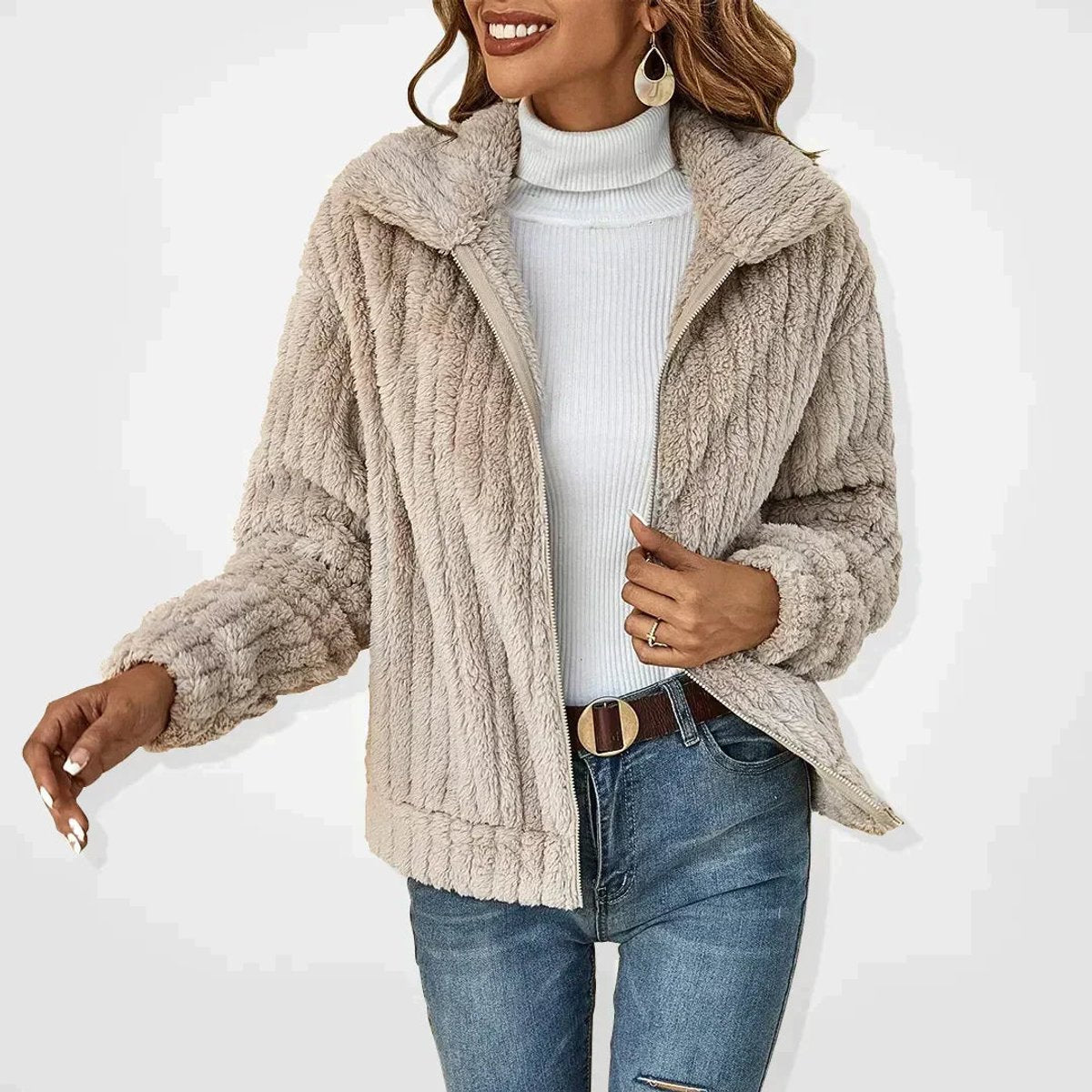 Isabella women's quilted zip-up fleece jacket with plush, fluffy interior, casual style, by Christine Brewer.