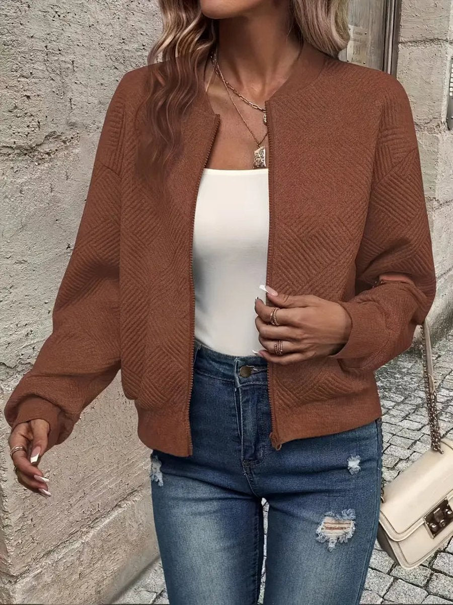 Women's quilted zipped bomber jacket by Christine Brewer, textured cropped design with quilted detailing and a stylish fit.