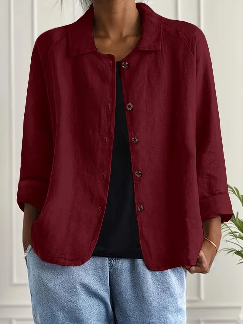 Women's relaxed-fit collared shirt jacket with button-front and long sleeves by Christine Brewer, casual style, shown on a model.