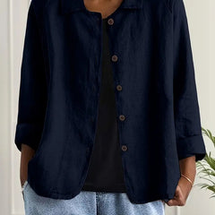Women's relaxed-fit collared shirt jacket with button-front and long sleeves, casual style by Christine Brewer.