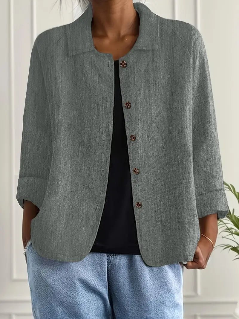 Women's relaxed-fit collared long-sleeve shirt jacket by Christine Brewer, featuring button-front closure and casual style.