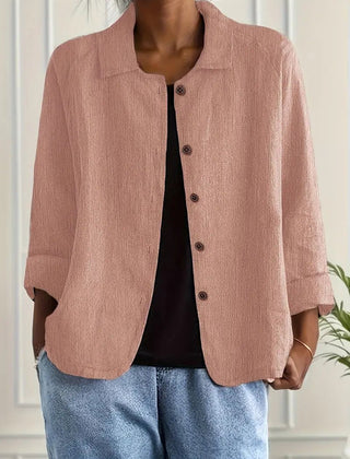Women's relaxed-fit collared long-sleeve shirt jacket by Christine Brewer, featuring button-front closure and casual style.