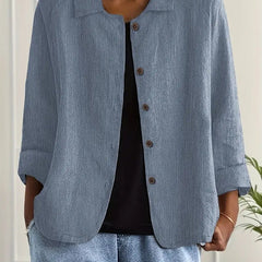Women’s relaxed-fit collared long-sleeve shirt jacket by Christine Brewer, casual style, button-front with a soft fabric appearance.