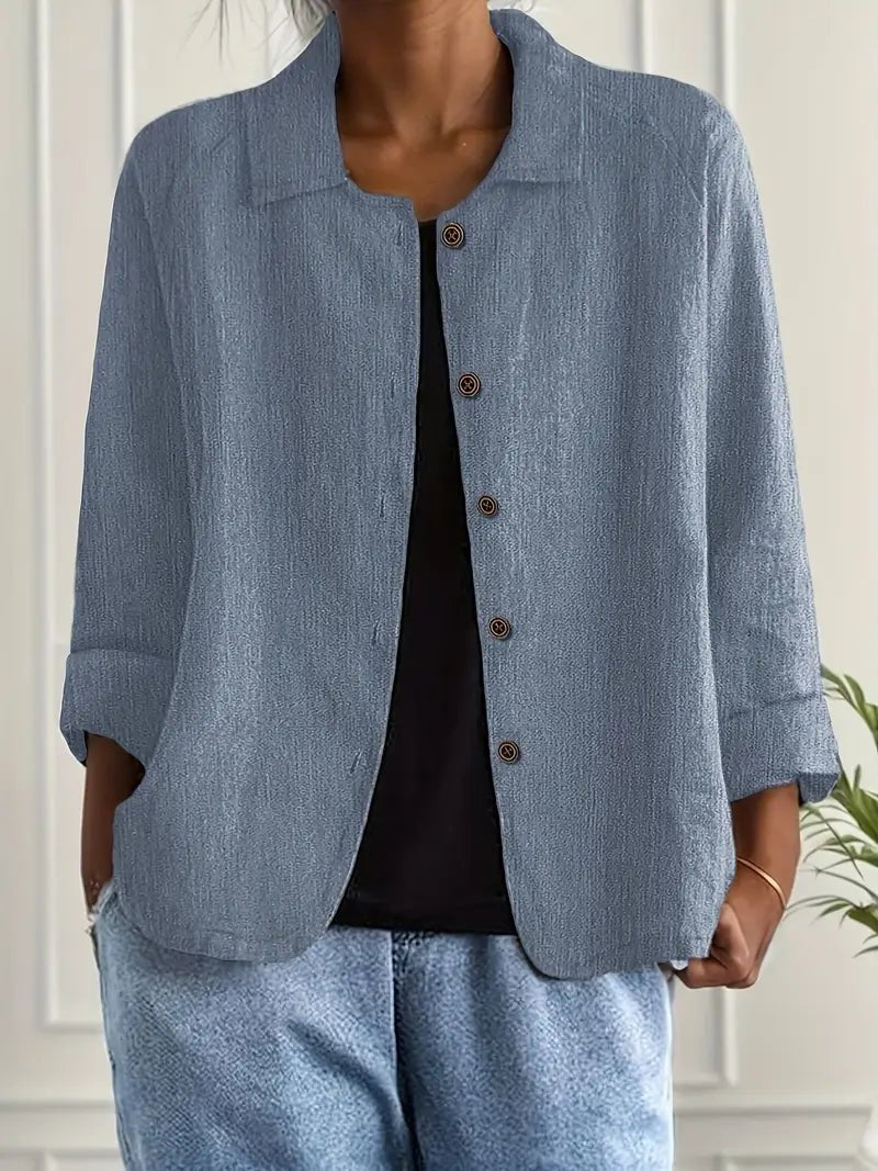 Women’s relaxed-fit collared long-sleeve shirt jacket by Christine Brewer, casual style, button-front with a soft fabric appearance.