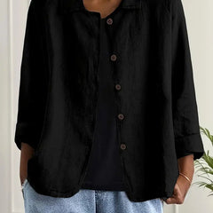 Women's relaxed-fit collared long-sleeve shirt jacket by Christine Brewer, shown in a casual style with button-front design.