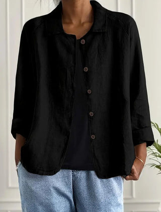 Women's relaxed-fit collared long-sleeve shirt jacket by Christine Brewer, shown in a casual style with button-front design.