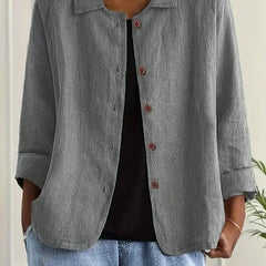 Women's relaxed-fit collared long-sleeve shirt jacket by Christine Brewer, featuring button front and casual style.