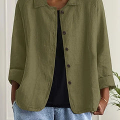 Women's relaxed-fit collared shirt jacket with long sleeves and button-front closure by Christine Brewer, casual style for everyday wear.