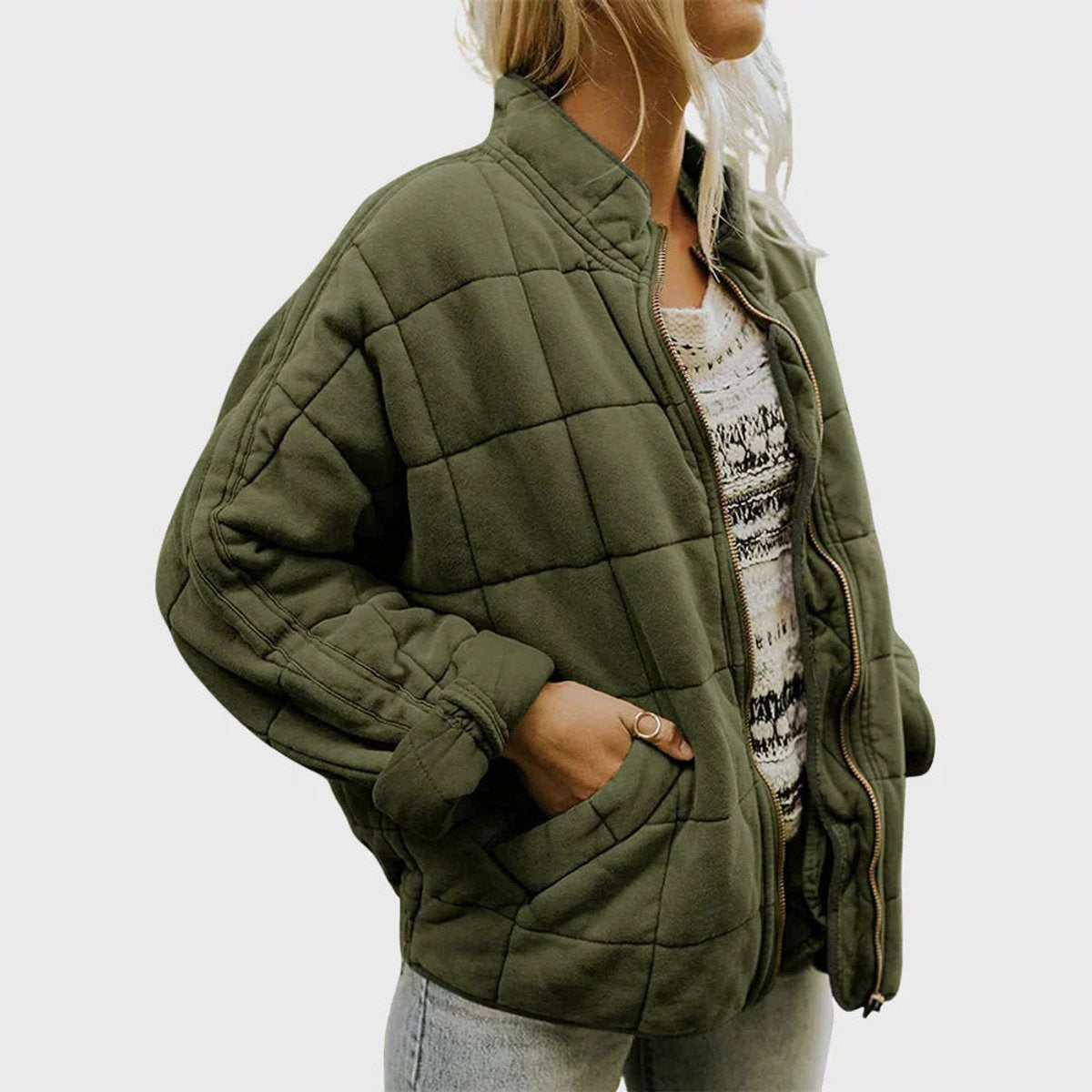 Women's relaxed-fit diamond quilted zip-up jacket by Christine Brewer, casual style with a comfortable, relaxed fit.