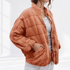 Women's relaxed-fit diamond quilted zip-up jacket by Christine Brewer, casual wear with a stylish quilted pattern.