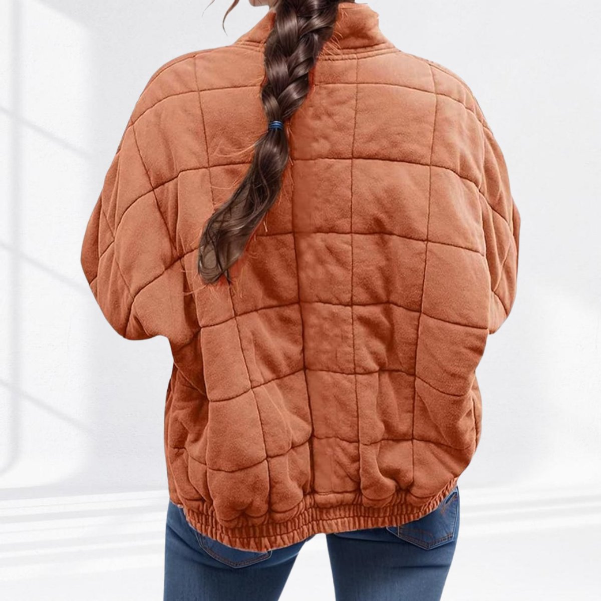Women's relaxed-fit diamond quilted zip-up jacket by Christine Brewer, casual style with a front zipper and cozy quilted design.