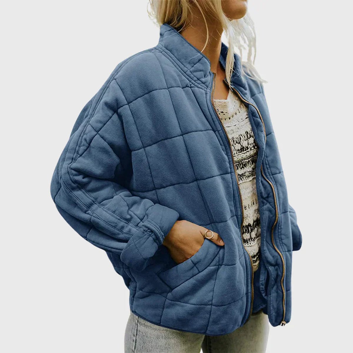 Women's relaxed-fit diamond quilted zip-up jacket by Christine Brewer, featuring casual style and comfortable fit.