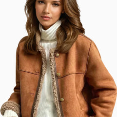 Scarlett women's relaxed-fit faux shearling button-front cropped jacket by Christine Brewer, shown in a casual front view.
