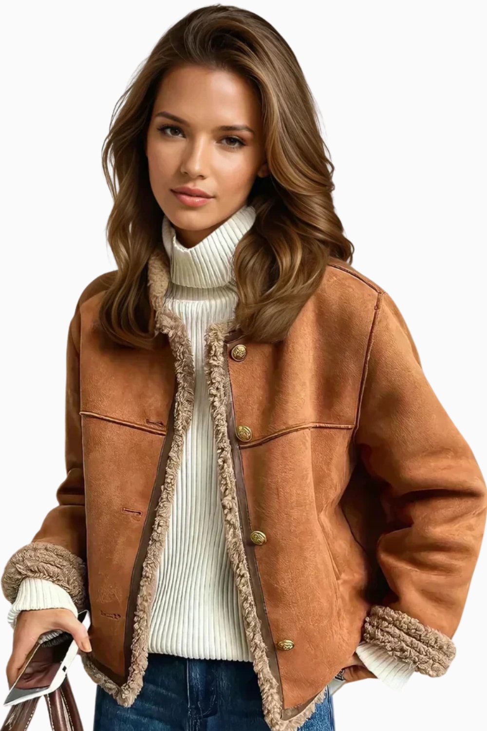 Scarlett women's relaxed-fit faux shearling button-front cropped jacket by Christine Brewer, shown in a casual front view.