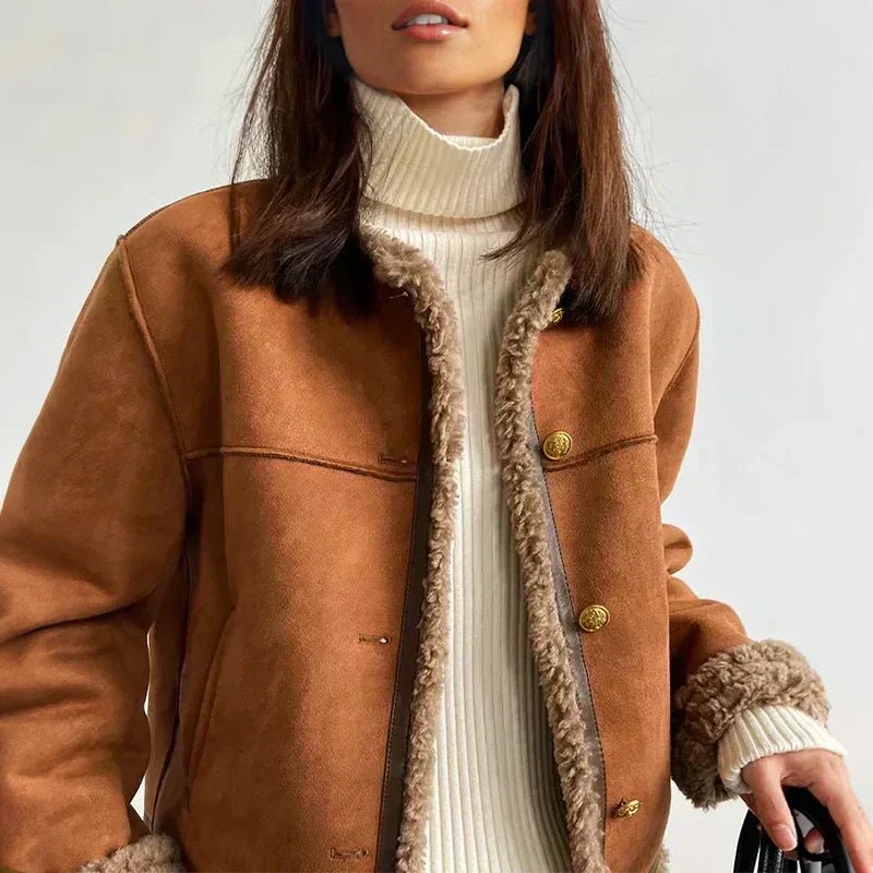 Scarlett women's relaxed-fit faux shearling cropped jacket with button-front closure, stylish and cozy for cold weather.