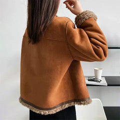 Scarlett women's relaxed-fit faux shearling cropped jacket with button front and collar, stylish and cozy outerwear by Christine Brewer.