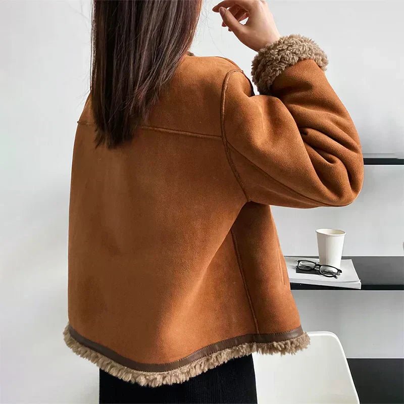 Scarlett women's relaxed-fit faux shearling cropped jacket with button front and collar, stylish and cozy outerwear by Christine Brewer.