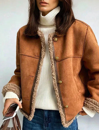 Women's relaxed-fit faux shearling cropped jacket with button front by Christine Brewer, shown in a neutral color.