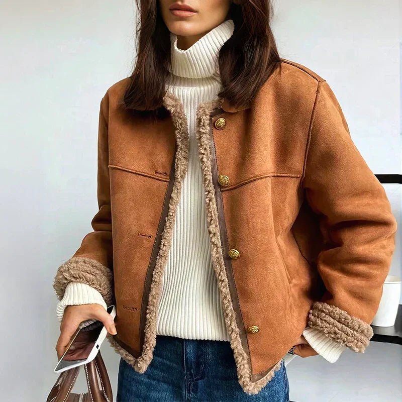 Women's relaxed-fit faux shearling cropped jacket with button front by Christine Brewer, shown in a neutral color.