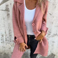 Christine Brewer women's relaxed-fit long button-front lapel coat, casual style, shown on a model with neutral background.