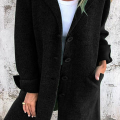 Women’s relaxed-fit long button-front lapel coat by Christine Brewer, casual style with a classic lapel collar and front buttons.