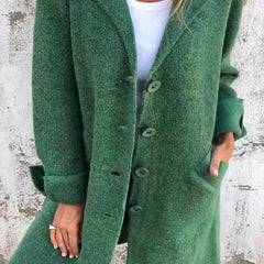 Christine Brewer women's relaxed-fit long button-front lapel coat, casual style, shown in a natural fabric with a classic lapel collar.