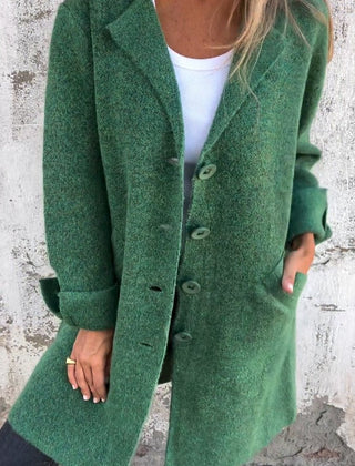 Christine Brewer women's relaxed-fit long button-front lapel coat, casual style, shown in a natural fabric with a classic lapel collar.
