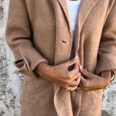 Christine Brewer women's relaxed-fit long button-front lapel coat, casual style, shown in a natural pose.