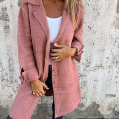 Women's relaxed-fit long button-front lapel coat by Christine Brewer, casual style with a tailored collar and front buttons.