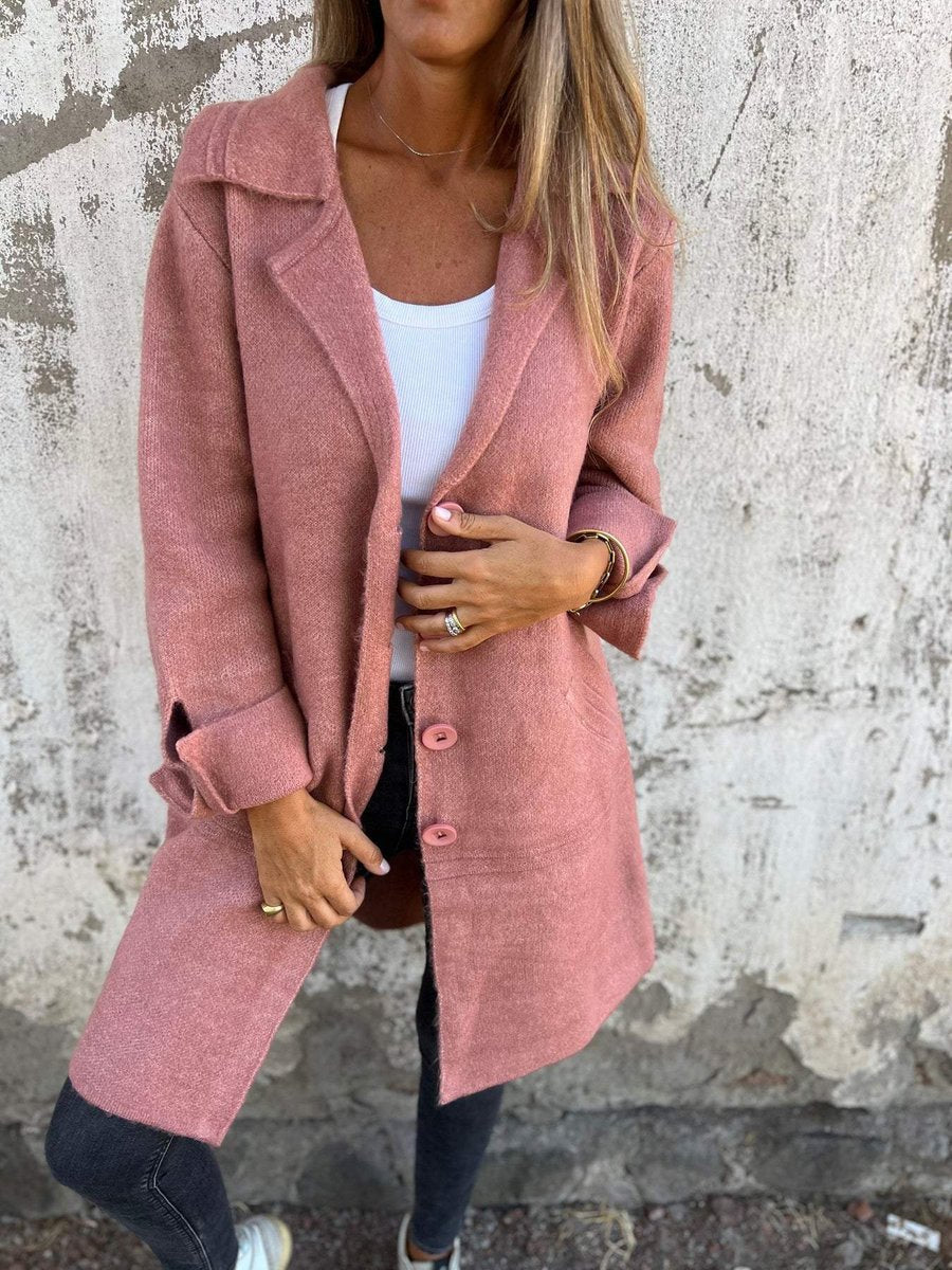 Women's relaxed-fit long button-front lapel coat by Christine Brewer, casual style with a tailored collar and front buttons.