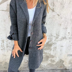 Christine Brewer women's relaxed-fit long button-front lapel coat, casual style, shown in a natural pose.